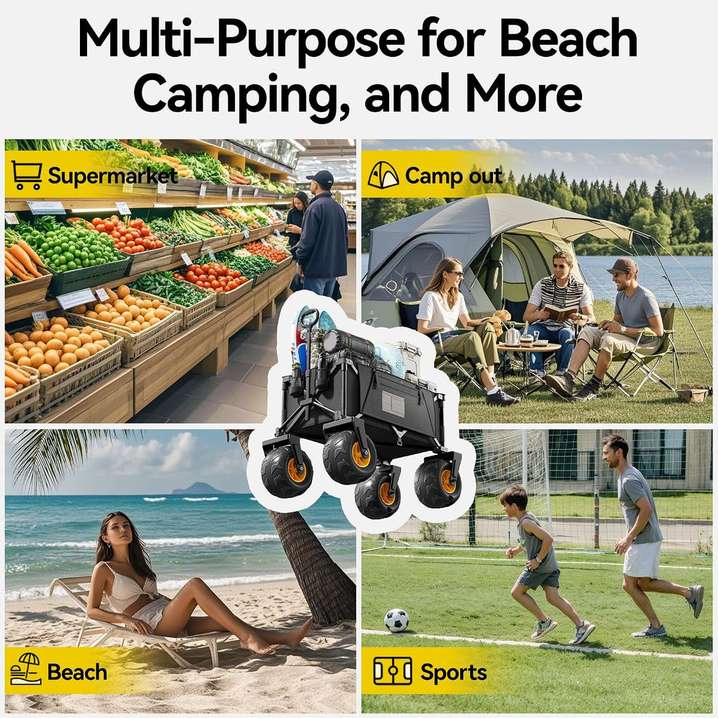DXZ Beach Wagon Cart with Big Wheels for Sand – Folding Collapsible Wagon, Heavy Duty Wagons Carts Foldable for Beach, Camping, Outdoor Gear, Easy Setup Black Yellow