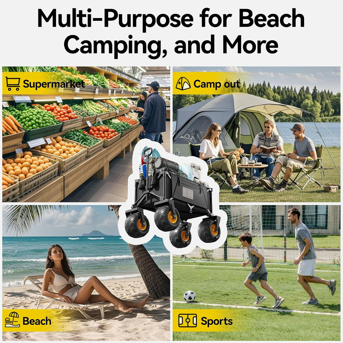 DXZ Beach Wagon Cart with Big Wheels for Sand – Folding Collapsible Wagon, Heavy Duty Wagons Carts Foldable for Beach, Camping, Outdoor Gear, Easy Setup Black Yellow