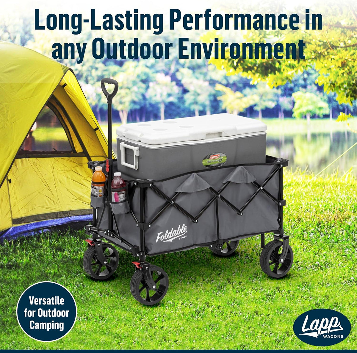 Lapp Wagons 39' Extra-Long Folding Wagon Cart, Heavy-Duty 360 lb Utility Wagon with Wheels, Reinforced Handle, Collapsible Beach Wagon for Camping, Garden, Grocery & Outdoor Use, Grey