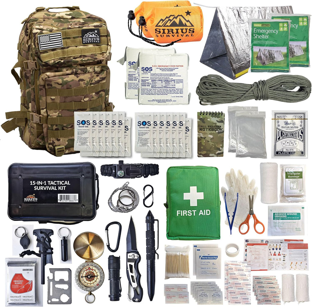 Sirius: Bug Out Bag Starter Kit - 72 Hour Kit for 1 Person – Backpack Survival Kit – 50L Tactical Backpack, US Made Food & Water, Medical Supplies & Survival Tools