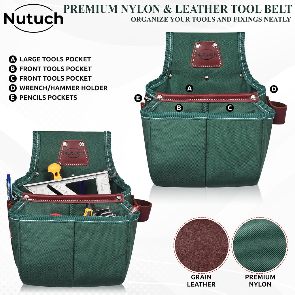 Nylon and Leather Tool Belt | Nylon Tool Pouch | Carpenter | Construction | Framers | Electrician Tool Belts | Drywall Tool Bags (GREEN)