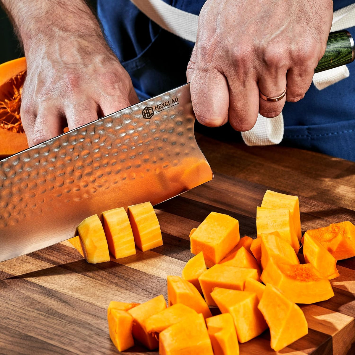 HexClad 7 Inch Japanese Damascus Stainless Steel Cleaver Knife, Full Tang Construction, Pakkawood Handle