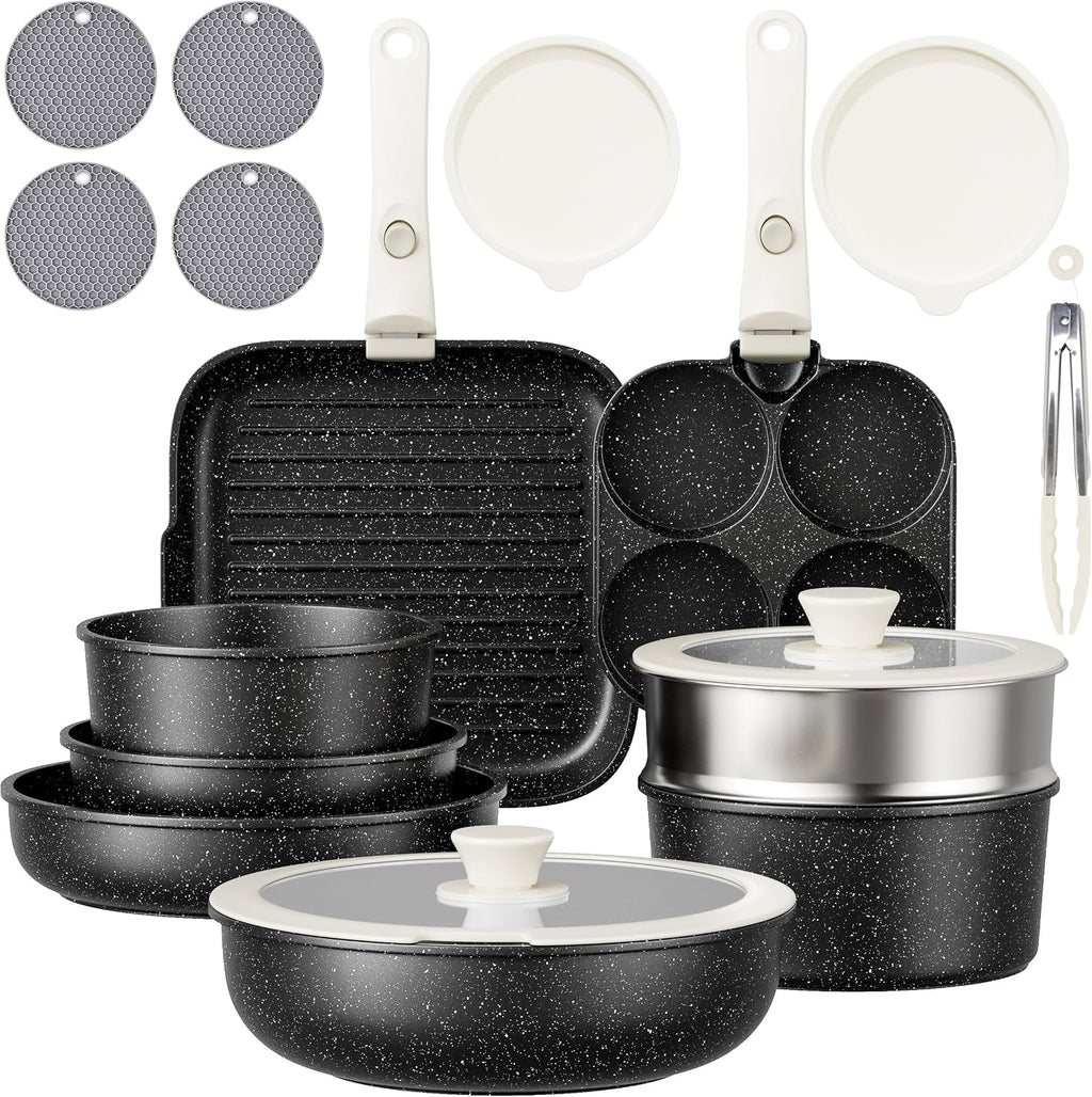 Pots and Pans Set - 19PCS Induction Cookware Set Detachable Handle Nonstick Kitchen Cookware Sets, Non-toxic Non-stick Cooking Set, Pot and Pan Set Removable Handle, Oven & Dishwasher Safe