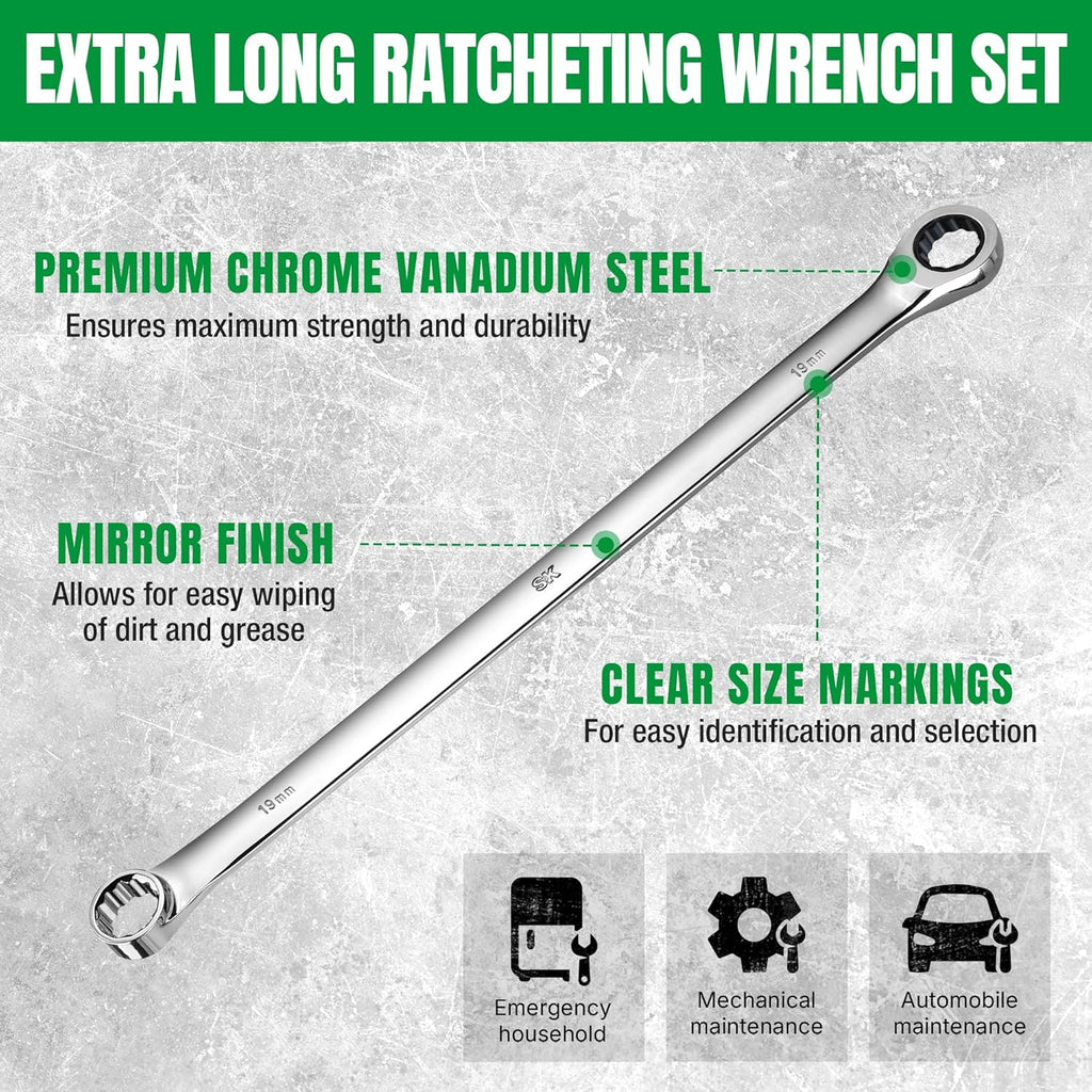 SK Extra Long Ratcheting Wrench Set, Double Box End Wrench Set, 12-Piece, Metric, 8 mm to 19 mm, 72-Tooth, Premium CR-V Construction, with Rolling Pouch