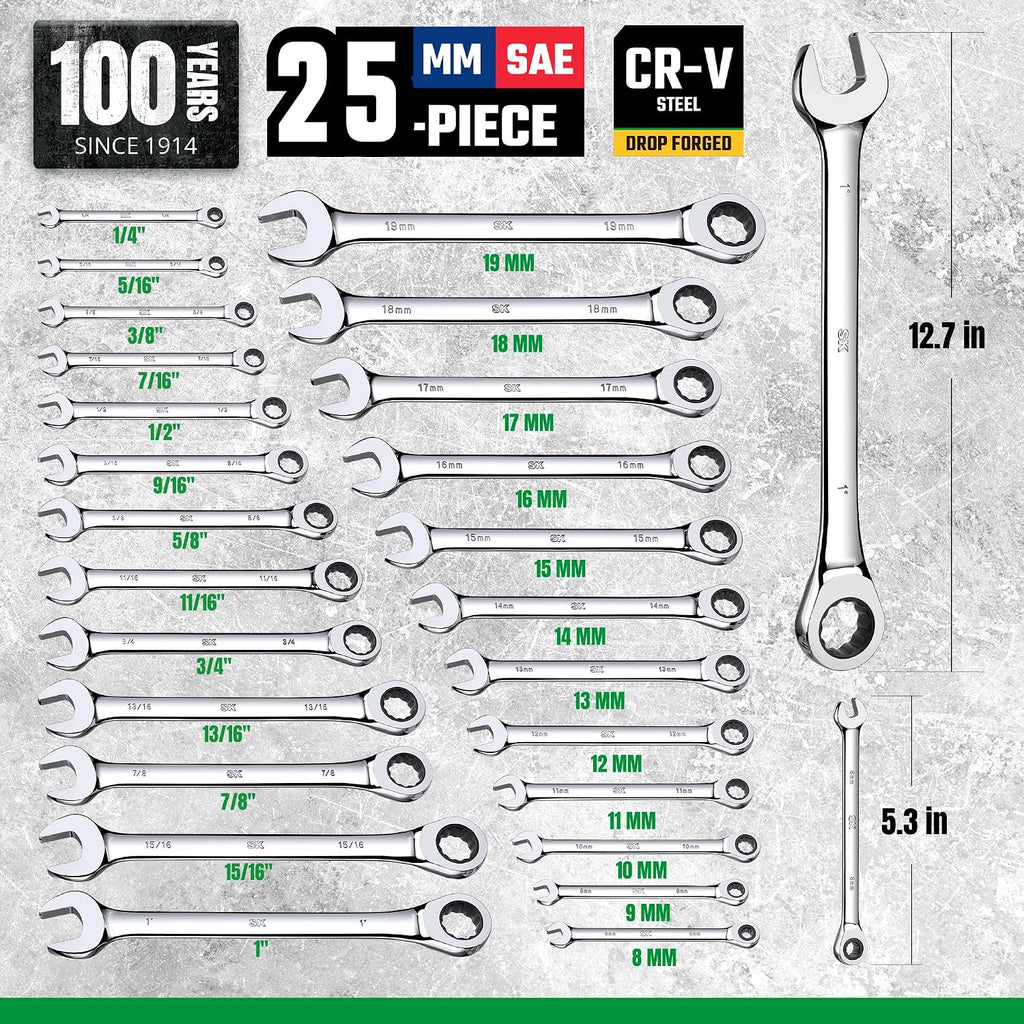 SK Ratcheting Wrench Set, Combination Wrench Set, 25-Piece, SAE 1/4' to 1', Metric 8 to 19mm, 72-Tooth, Premium CR-V Construction, with Rack Organizer