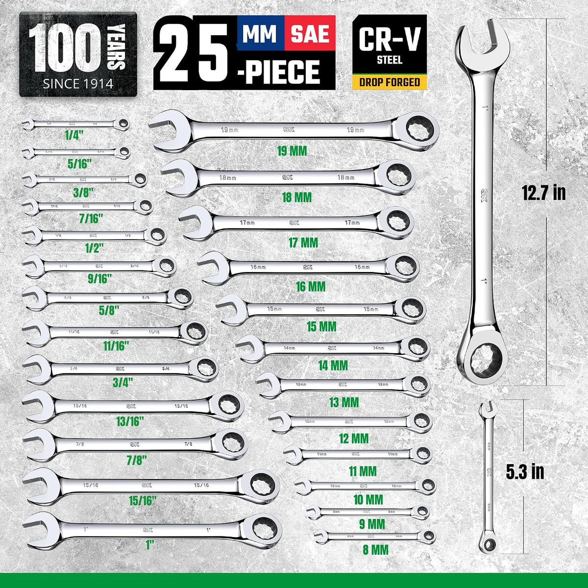 SK Ratcheting Wrench Set, Combination Wrench Set, 25-Piece, SAE 1/4' to 1', Metric 8 to 19mm, 72-Tooth, Premium CR-V Construction, with Rack Organizer