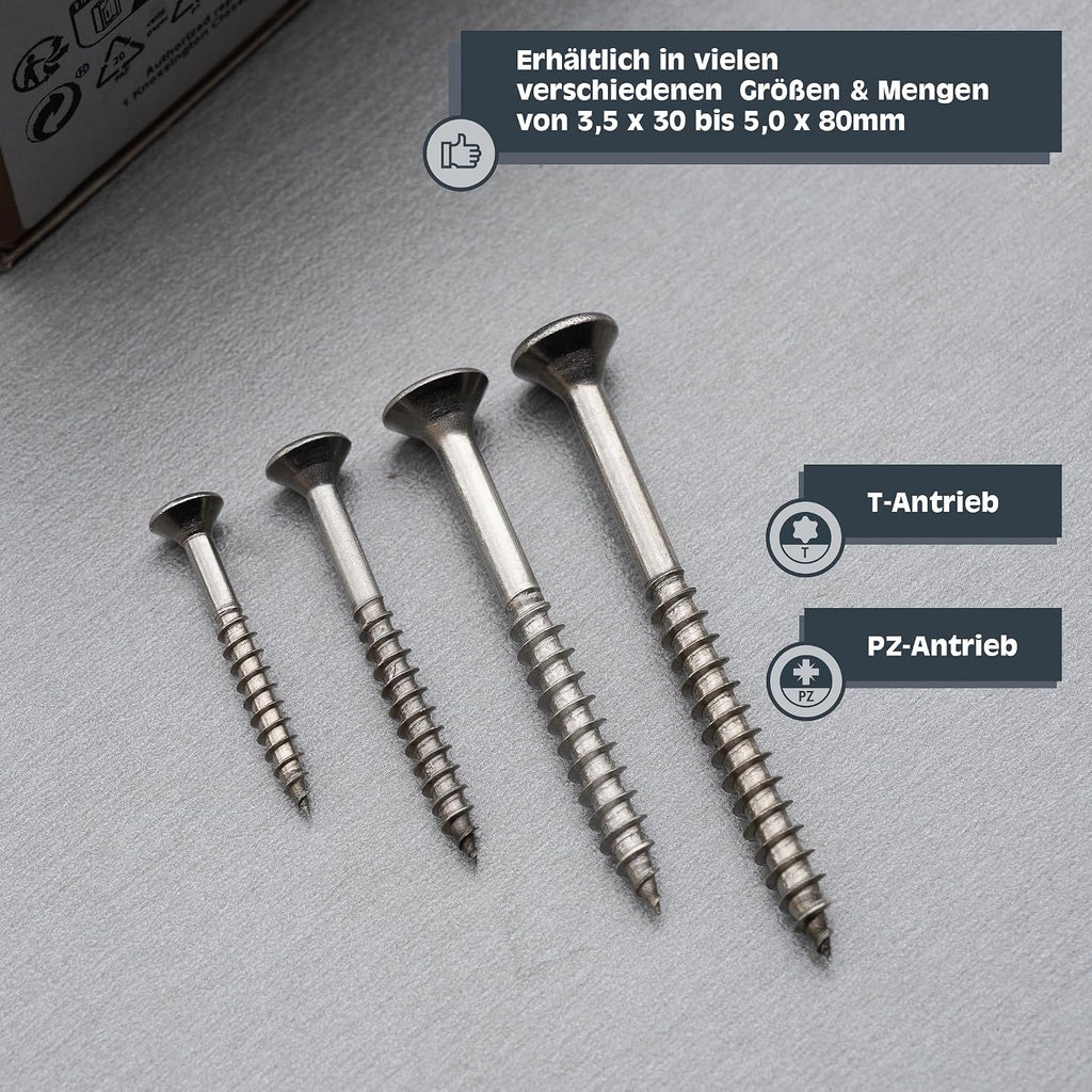 HELPMATE - Universal Countersunk Screws 5.0 x 50 Stainless Steel A2 Rustproof - Pack of 250 Wood Screws with T-Drive and Partial Thread - Chipboard Screws for Indoor and Outdoor Use