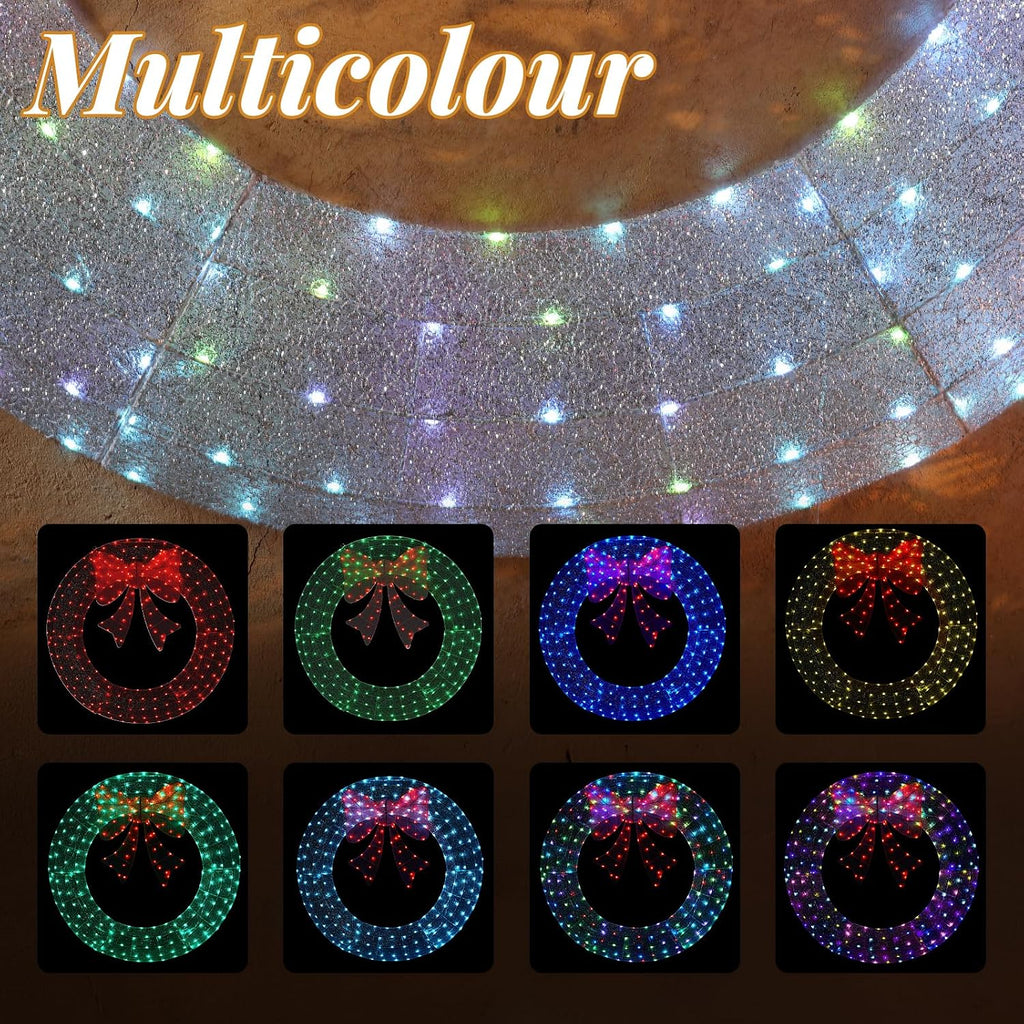 VINGLI 60IN Prelit Outdoor Christmas Wreath Decoration, Large Silver Lighted Metal Front Door Garland with Pink Bow, 280 RGB & Red LED Lights for Gate Wall Porch Indoor Outdoor Holiday Party Decor