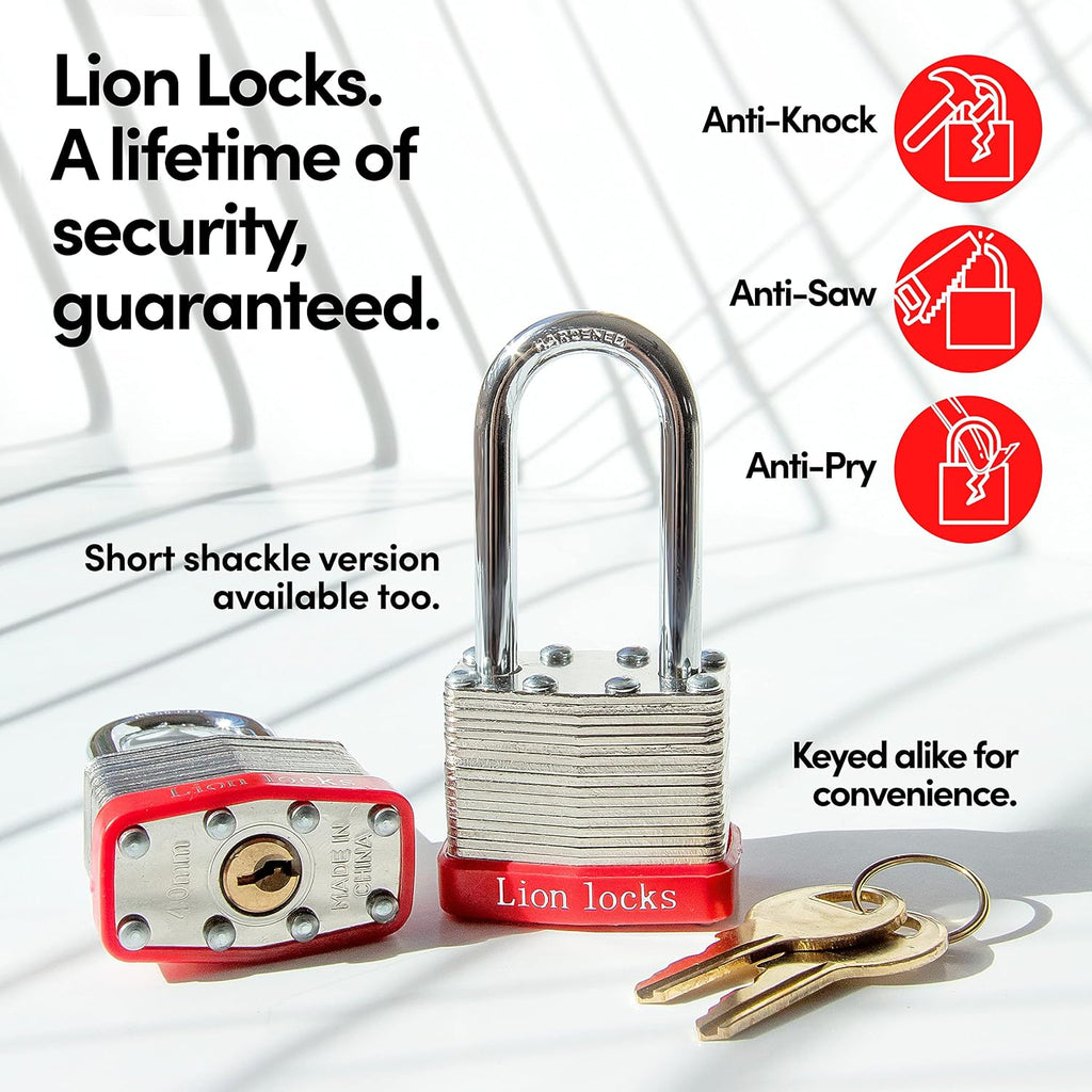 Lion Locks 48 Keyed Alike Padlocks with 2' Long Shackle, 96 Keys - Padlocks for Outdoor Use, Locks with Keys, Hardened Steel Case, Pick Resistant Brass Pin Cylinder for Hasp Latch, Locker, Gate