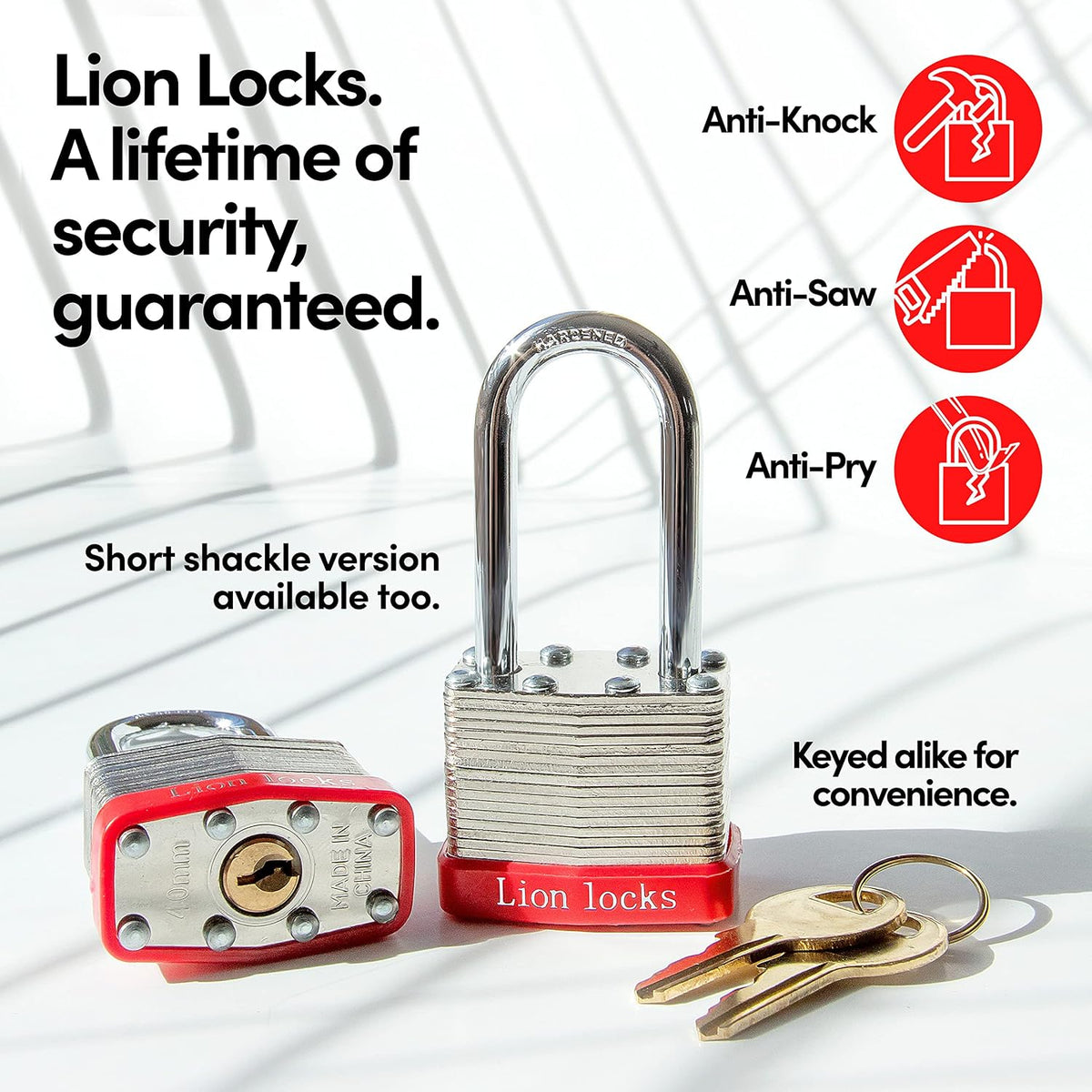 Lion Locks 48 Keyed Alike Padlocks with 2' Long Shackle, 96 Keys - Padlocks for Outdoor Use, Locks with Keys, Hardened Steel Case, Pick Resistant Brass Pin Cylinder for Hasp Latch, Locker, Gate
