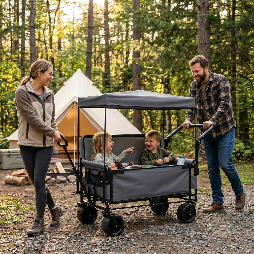 ZeHuoGe 3-in-1 Folding Wagon Cart with Bench Seat & Canopy & Storage, 500lbs Heavy-Duty, 180L Capacity, All-Terrain Wagon for Camping, Beach, Sports, & Garden (Gray+Black Frame)