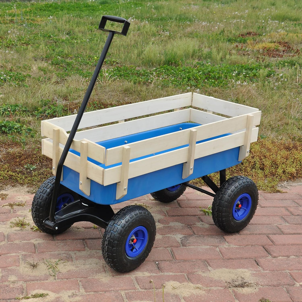 Outdoor Heavy Duty Wagon Cart for All Terrain Pulling, Steel Wagon Frame Removable Wooden Panels Adjustable Handle Air Tires Sport Wagon for Kids Camping Garden, Max. Load 176 lbs, Blue