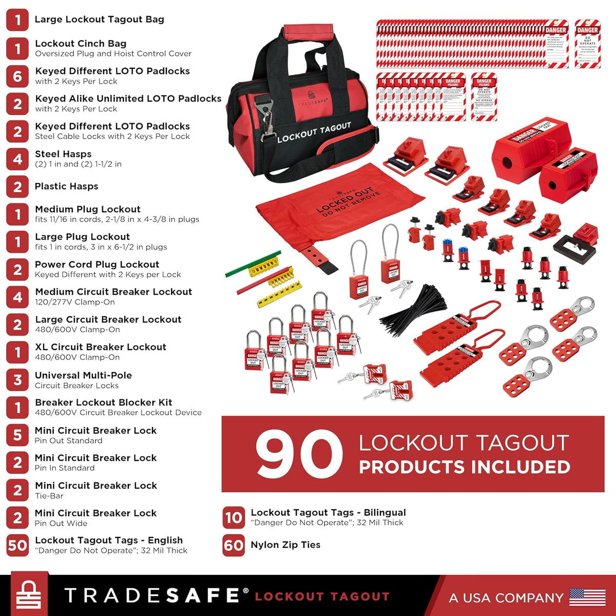 TRADESAFE Lockout Tagout Kit - 90 Loto Devices, Cable Lock, Loto Locks, Breaker Lockout Devices, Lock Out Tags, Plug Lock, Hasps, OSHA-Compliant Lock Out Tag Out Kits Electrical Tools