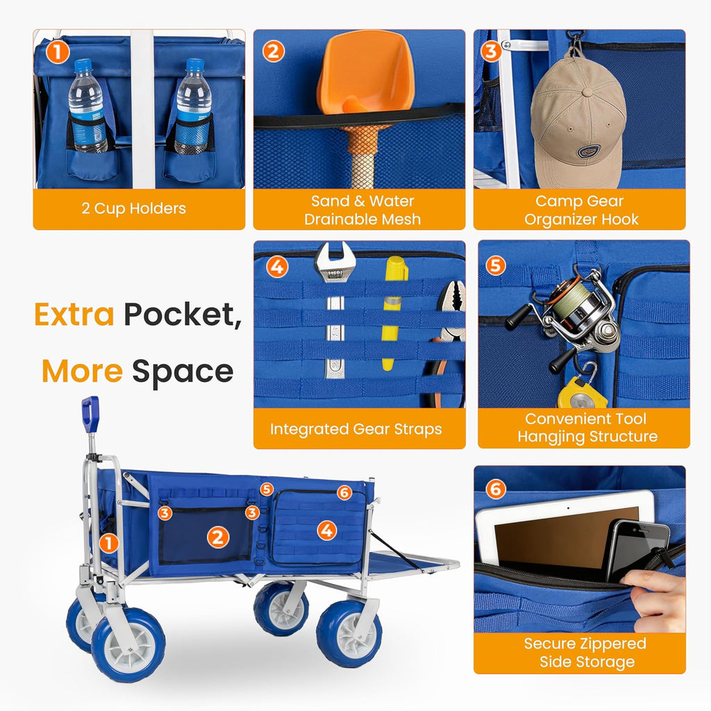 Beach Fishing Wagon Cart with All-Terrain Big Wheels, 500lbs Load, Heavy Duty Wagons Carts Foldable with Removable Cooler & Storage Bags for Shopping Garden Sports Camping Outdoor (Blue3)