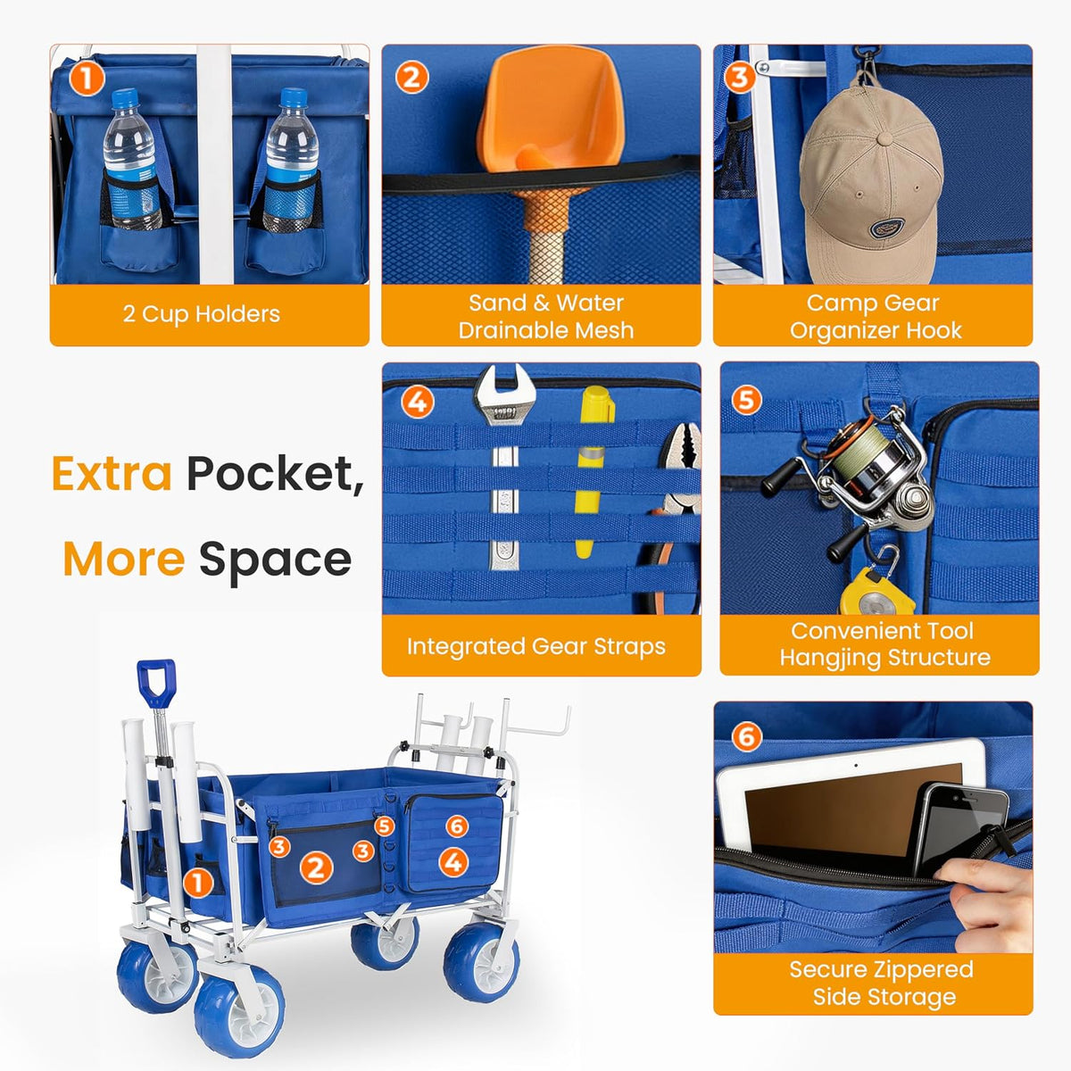 Beach Fishing Wagon Cart with All-Terrain Big Wheels, 500lbs Load, Heavy Duty Wagons Carts Foldable with Removable Cooler & Storage Bags for Shopping Garden Sports Camping Outdoor (Blue)