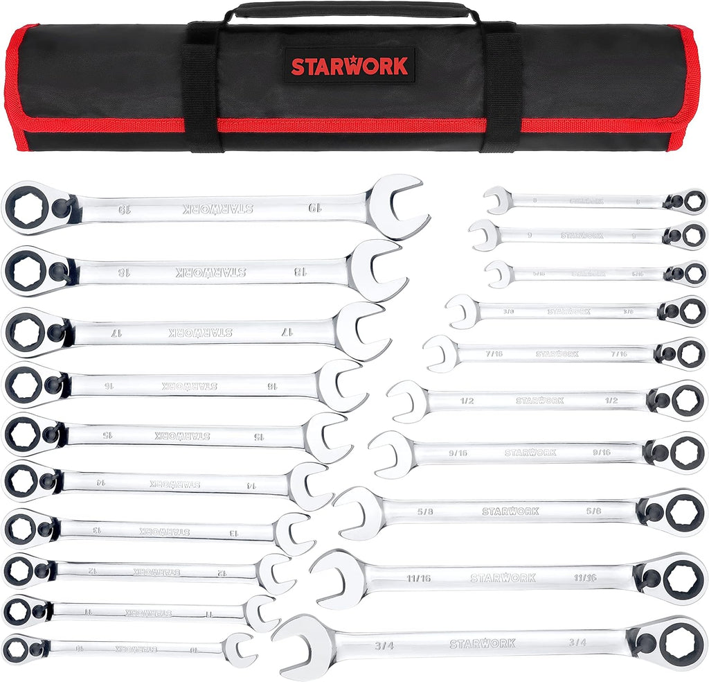 STARWORK TRUE MECHANIC™ 20 Pc. Reversible Ratcheting Wrench Set, Combination Ratchet Wrench Set, Non-Slip, Long Pattern, 6-Point 15° Offset, Professional, SAE/Metric (5/16-3/4' & 8-19 mm)