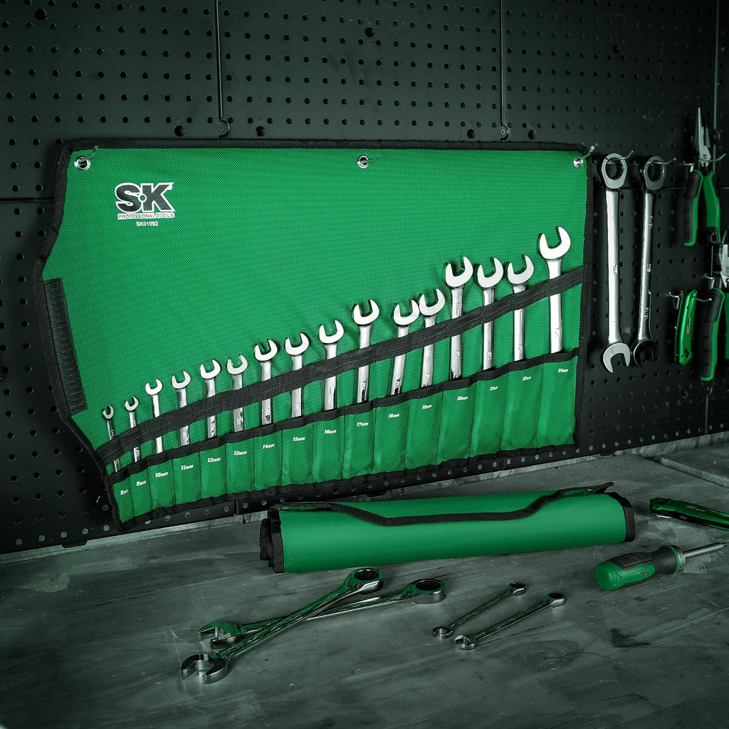 SK Ratcheting Wrench Set, Combination Wrench Set, 30-Piece, SAE 1/4' to 1', Metric 8 to 24mm, 72-Tooth, Premium CR-V Construction, with Rolling Pouch