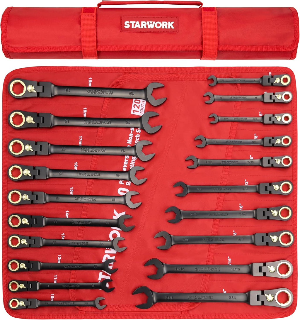 STARWORK TRUE MECHANIC™ 20 Pc. 120-Tooth Flex-Head Reversible Ratcheting Wrench Set, Combination Ratchet Wrench Set, Anti-Slip, Long Pattern, 6-Point, Professional, SAE/Metric