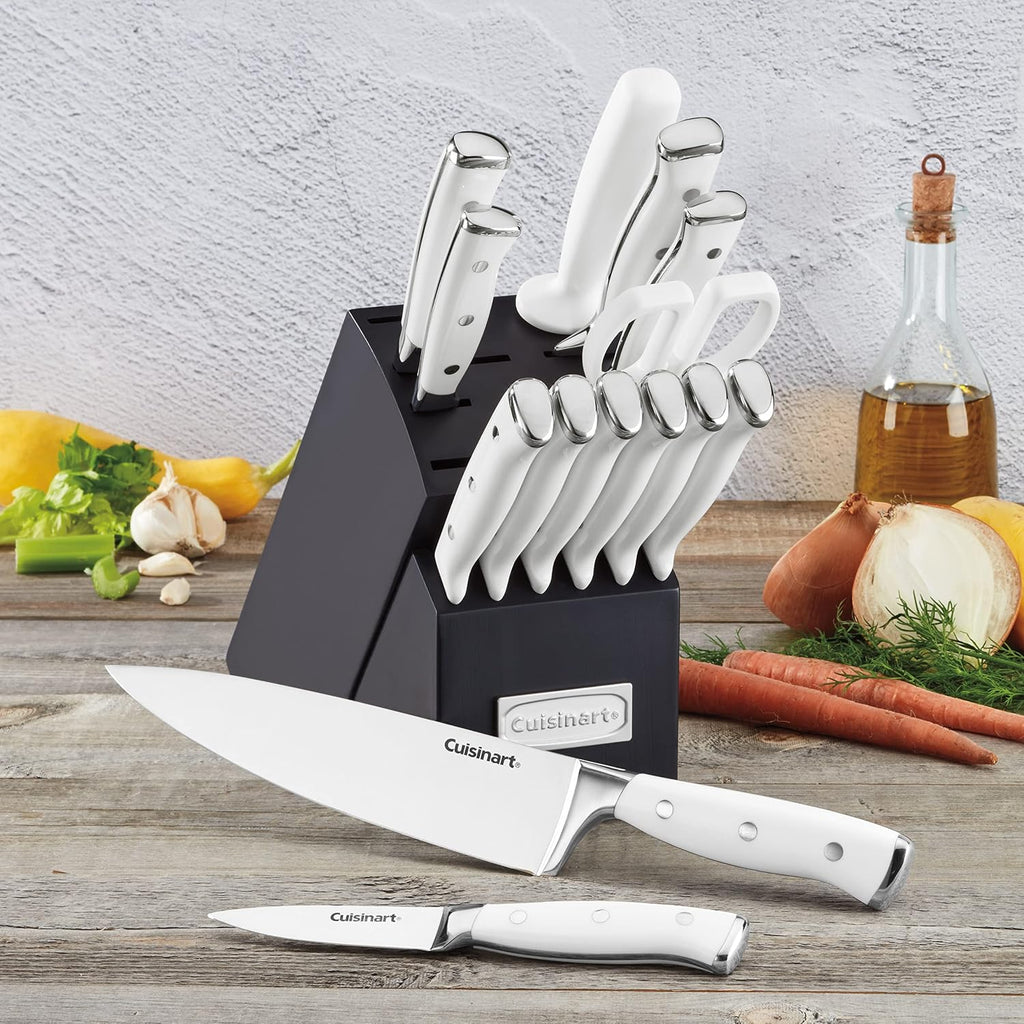 Cuisinart 15-Piece Knife Set with Block, High Carbon Stainless Steel, Forged Triple Rivet, White/Navy C77WTR-15PN