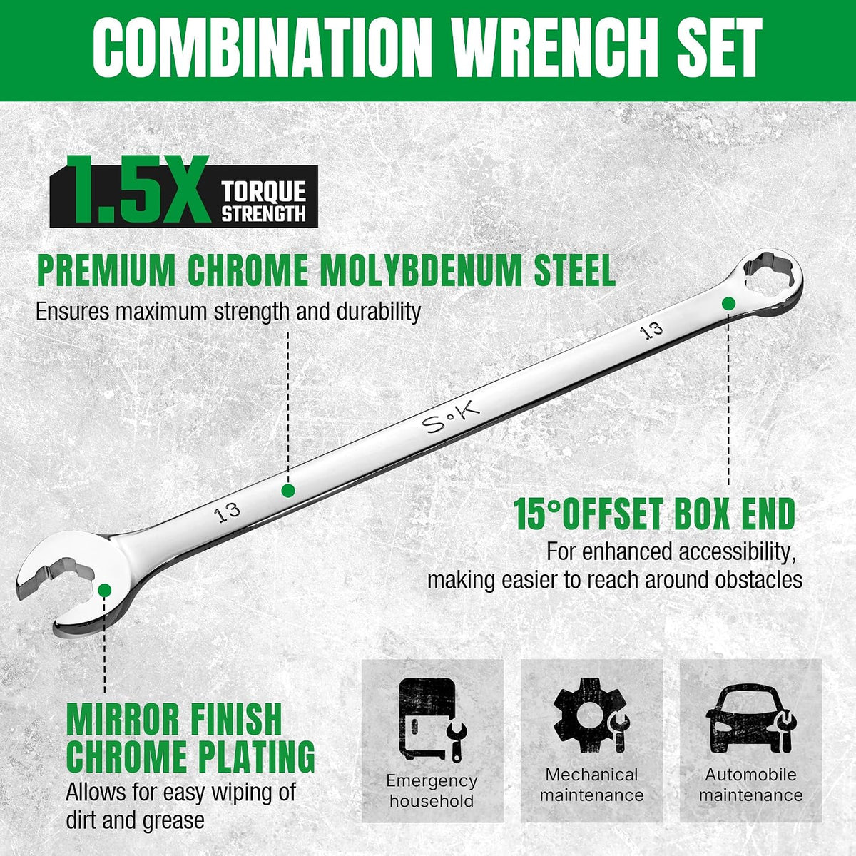 SK 6 Point Bolt Extractor Wrench, Metric 8 to 19mm, 12-Piece, Extra Long Combination Wrench Set, Mirror Krome Finish, Premium CR-MO Construction, for Rounded and Stripped Bolts Removal
