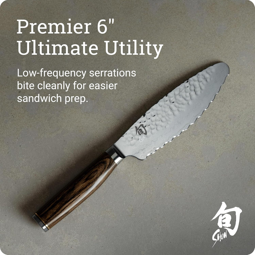 Shun Premier 6' Ultimate Utility Knife, Handcrafted Japanese Knife, VG-MAX Core with Damascus Stainless Steel Cladding, Pakkawood Handle, Precision and Sharpness for Professional and Home Chefs