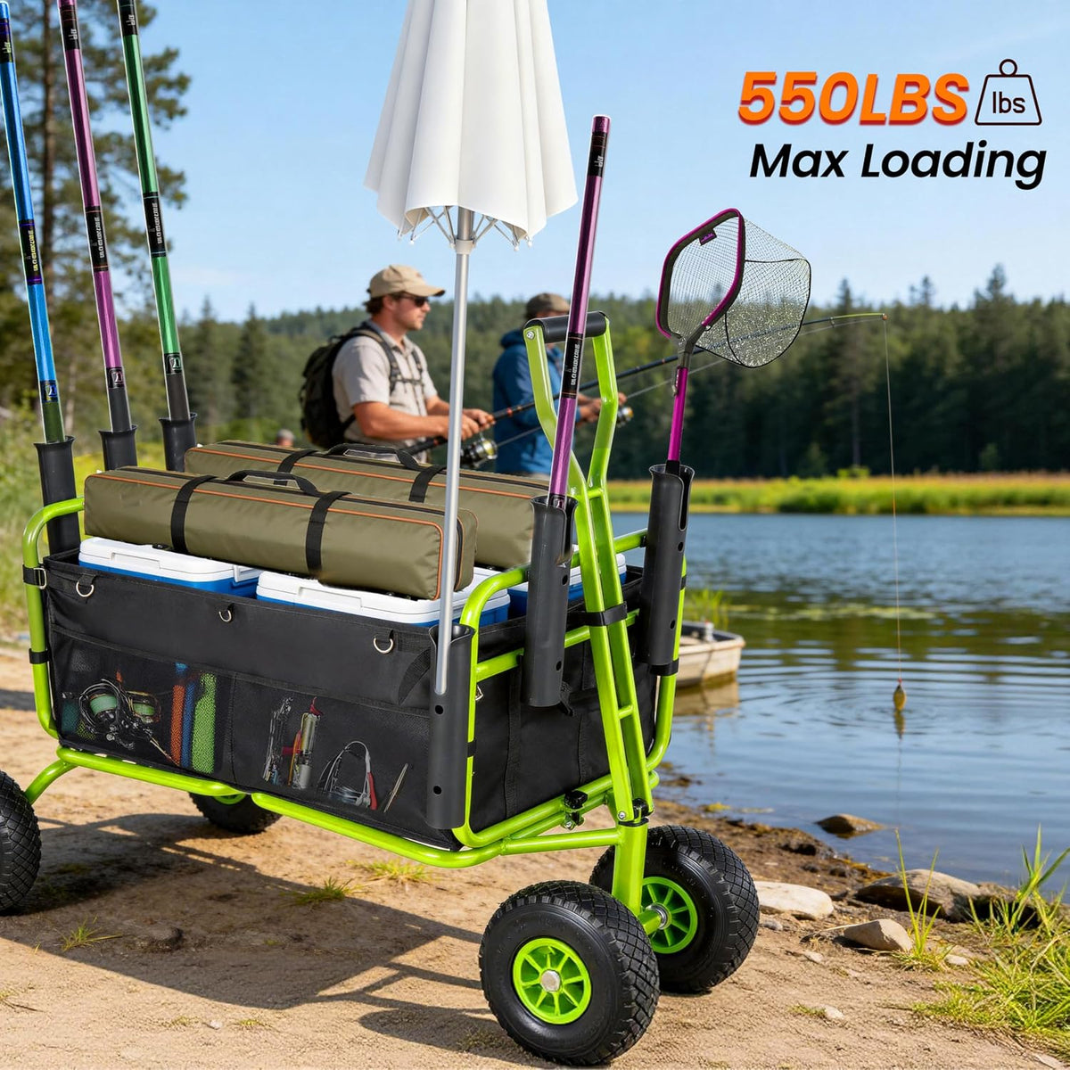 Fishing Cart Beach Cart Collapsible Wagon with 9.85' All-Terrain Wheels for Sand, Heavy Duty Foldable Utility Cart 550LBS Capacity with Rod Holders for Camping, Garden, Grocery, Outdoor Sports(Green)