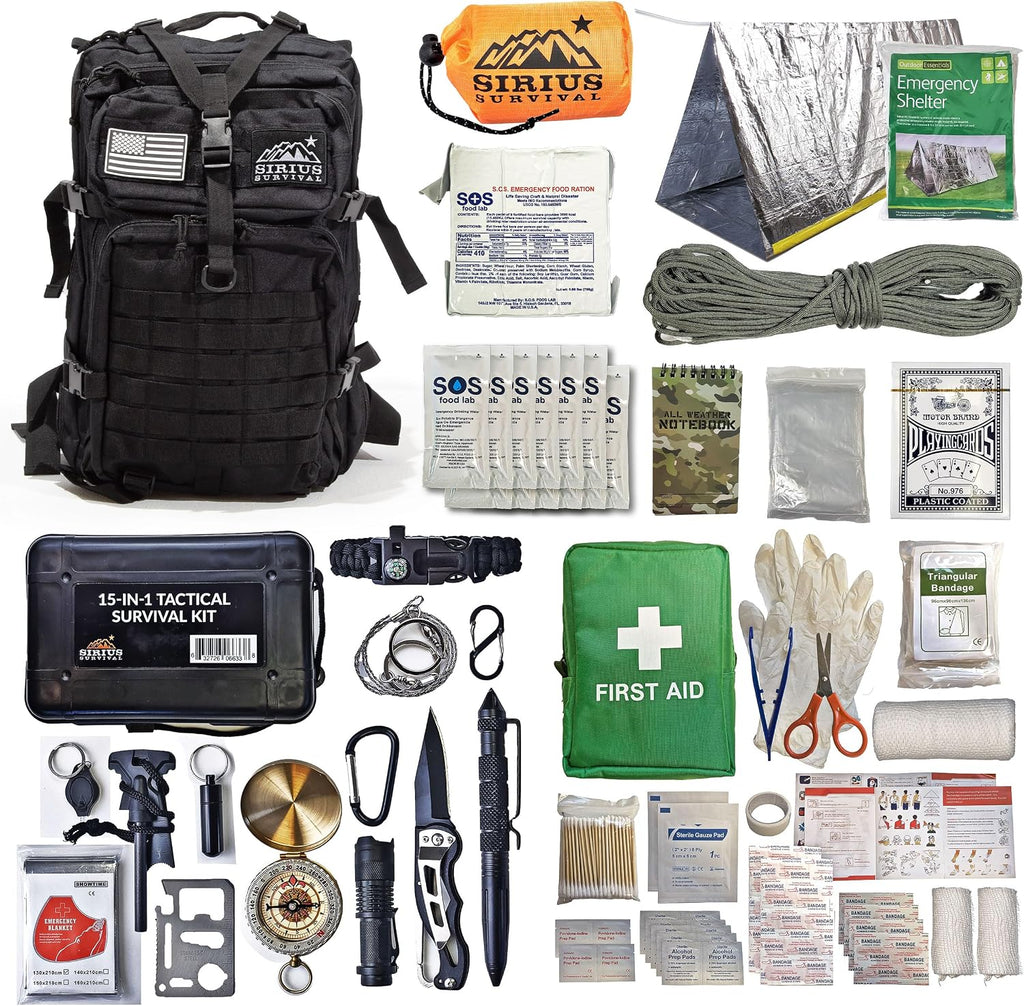 Sirius: Bug Out Bag Starter Kit - 72 Hour Kit for 1 Person – Backpack Survival Kit – 50L Tactical Backpack, US Made Food & Water, Medical Supplies & Survival Tools