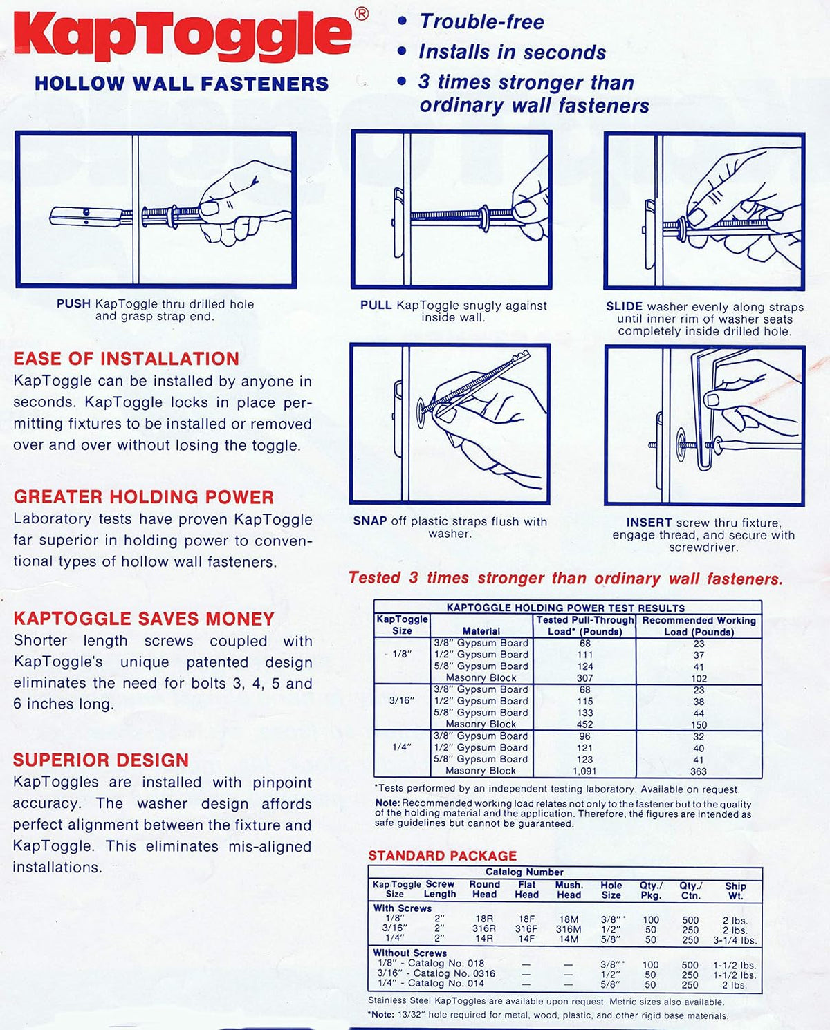 KapToggle Hollow Wall Anchors Flip Toggle Bolts Concrete or Drywall Anchors 3/16' x #10-24 Qty 100