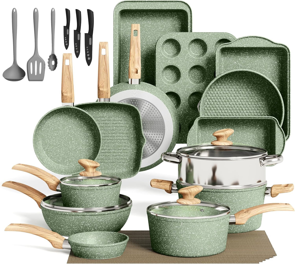 MAISON ARTS 30 Piece Pots and Pans Set Non Stick, Kitchen Cookware & Bakeware Sets with Nonstick Granite Coating, Baking Tray, Frying Pan and Saucepan, Green