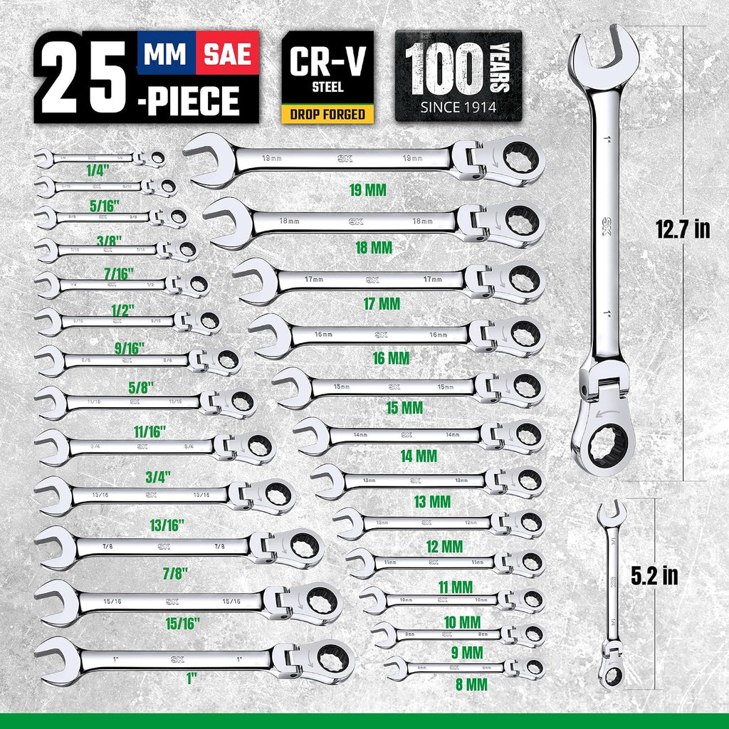 SK Flex-Head Ratcheting Wrench Set, Combination Wrench Set, 25-Piece, SAE 1/4' to 1', Metric 8 to 19mm, 72-Tooth, Premium CR-V Construction, with Rack Organizer