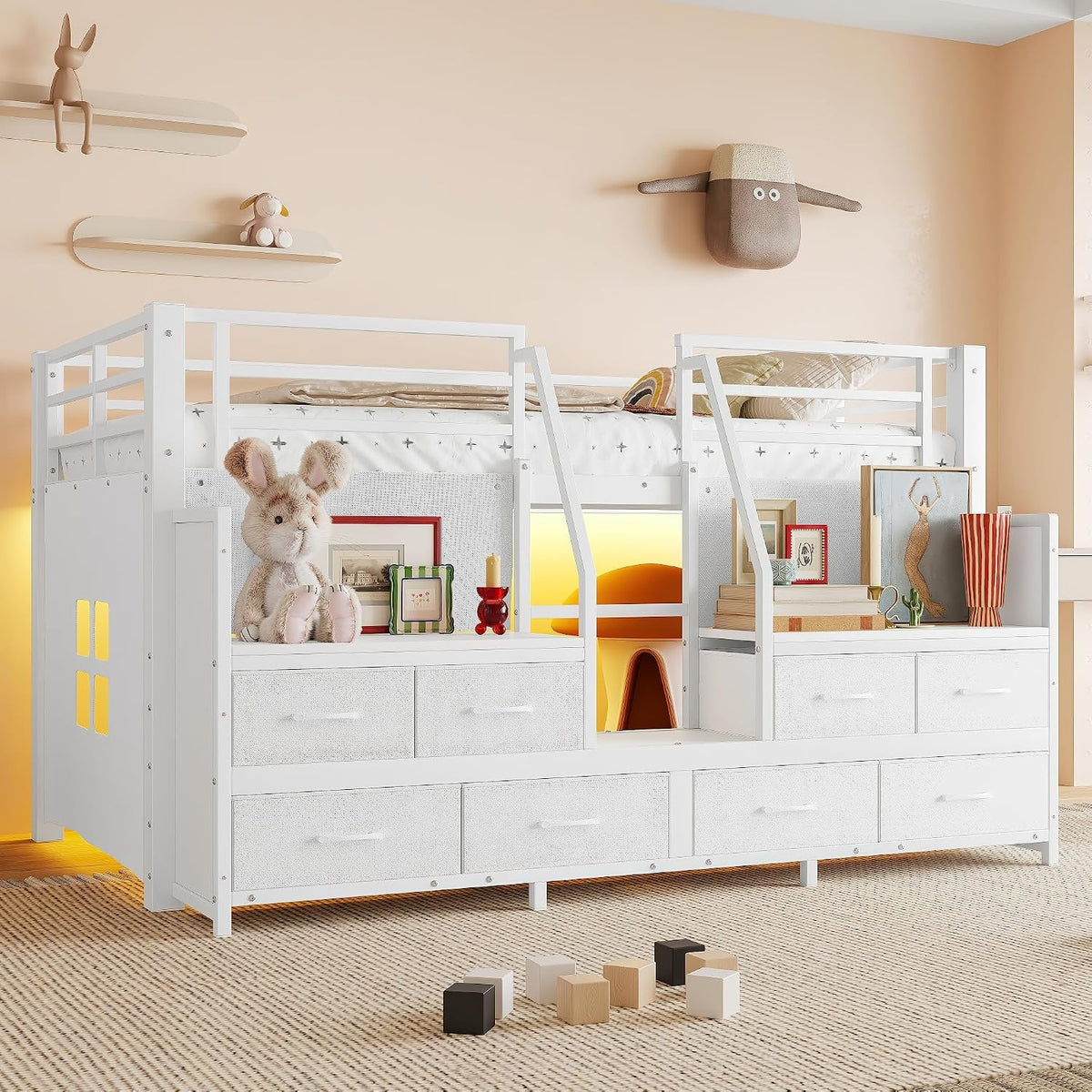 Metal Low Loft Bed with 8 Drawers & Storage Shelves, Heavy Duty Loft Bed Frame with LED Light, Playhouse Bed for Kids, Boys & Girls, White
