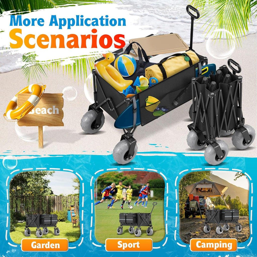 Heavy Duty Beach Wagon with 9' Big Wheels for Sand - 450lbs Load Foldable Wagon with Adjustable Handle & Cooler Bag, Collapsible Beach Cart for Shopping Garden Sports Camping Outdoor