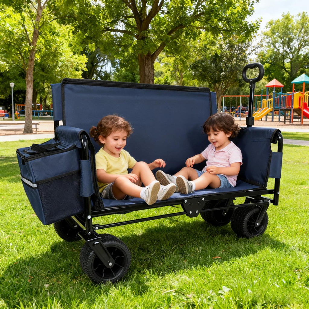 3-in-1 Convertible Folding Wagon Cart with Bench Seat & Storage - Includes 1 ice Pack, 500lbs Heavy-Duty Utility Wagon, All-Terrain Wheels for Camping, Beach, Sports, Garden (Dark Blue)