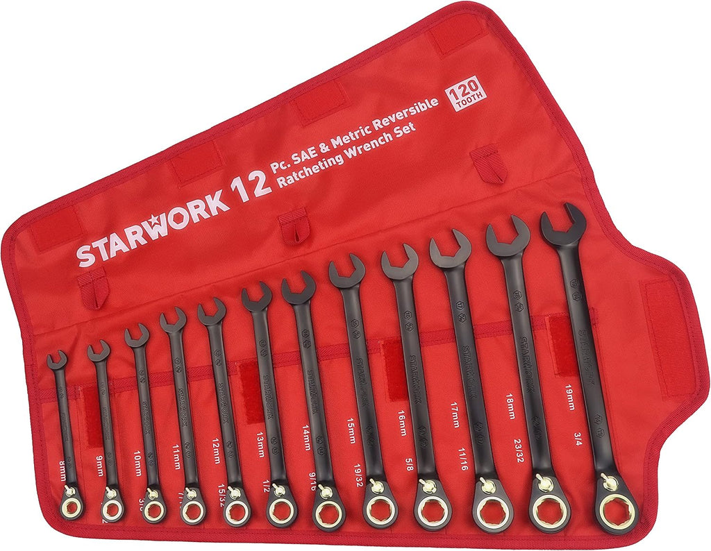 STARWORK TRUE MECHANIC™ 12-Piece 2-in-1 Reversible Ratcheting Wrench Set with Rolling Pouch, 120-Tooth, SAE&Metric