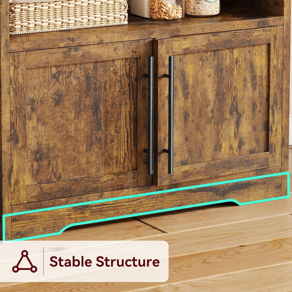 Bakers Rack with Storage Cabinet, Farmhouse Microwave Stand with Power Outlets, Small Kitchen Bakers Rack with Thick Table Top, Coffee Bar Station for Dining Room, Retro Brown
