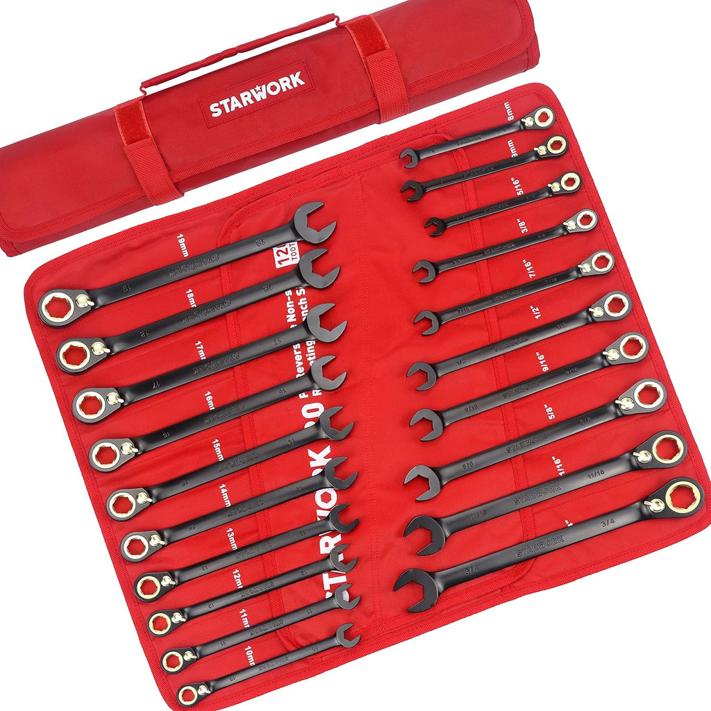 STARWORK TRUE MECHANIC™ 20 Pc. 120-Tooth Reversible Ratcheting Wrench Set, Combination Ratchet Wrench Set, Non-Slip, Long Pattern, 6-Point 15° Offset, Professional, SAE/Metric(5/16-3/4' & 8-19 mm)
