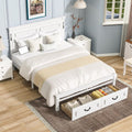 Queen Size Wood Platform Bed with Headboard, LED Light & Charging Station, Elegant Rustic Style Platform Bed Frame with Storage Drawers, No Box Spring Needed, Space Saving Design, White