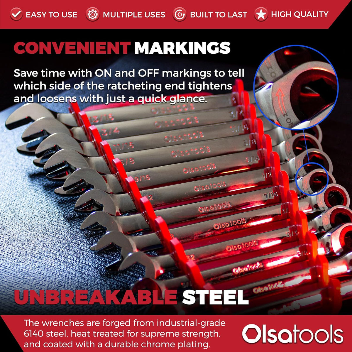 Olsa Tools Ratcheting Wrench Set, 12-Piece SAE, Chrome Vanadium Steel