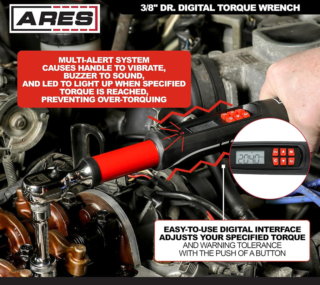 ARES 43000-3/8-Inch Drive Electronic Digital Torque Wrench - 7.4-99.6 ft/lbs (10-135Nm) - Reversible Sealed Head - Multi-Alert System Prevents Over-Torquing