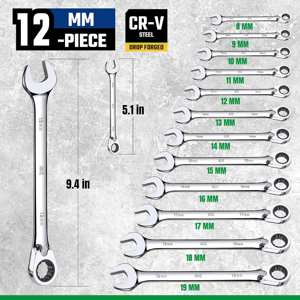 SK Reversible Ratcheting Wrench Set, Combination Wrench Set, 12-Piece, Metric 8-19 mm, 72-Tooth, Premium CR-V Construction, with Rack Organizer