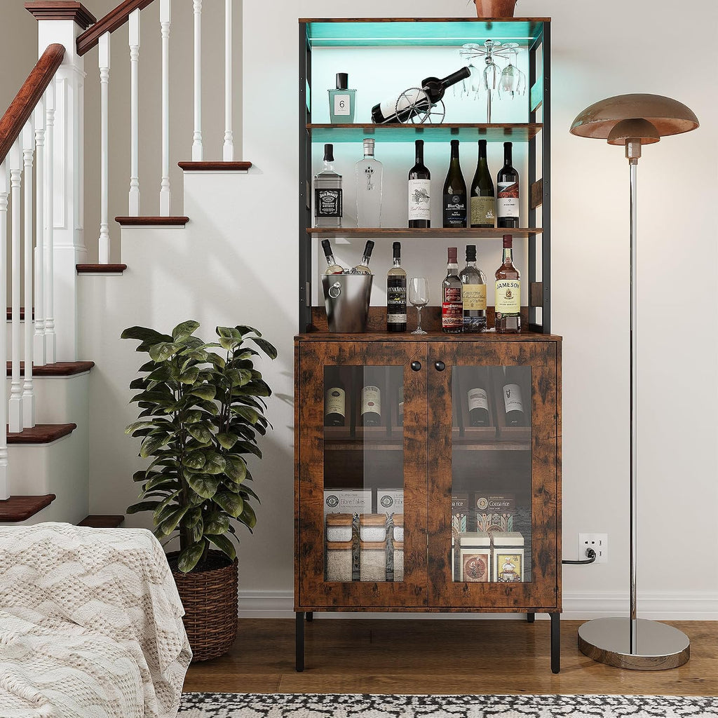 IDEALHOUSE 67' Tall Wine Bar Cabinet for Liquor and Glasses,Farmhosue Coffee Bar Cabinet,Pantry Storage with RGB LED Lights,Power Outlet,Adjustable Shelves,for Home,Dining Room,Kitchen(Brown)