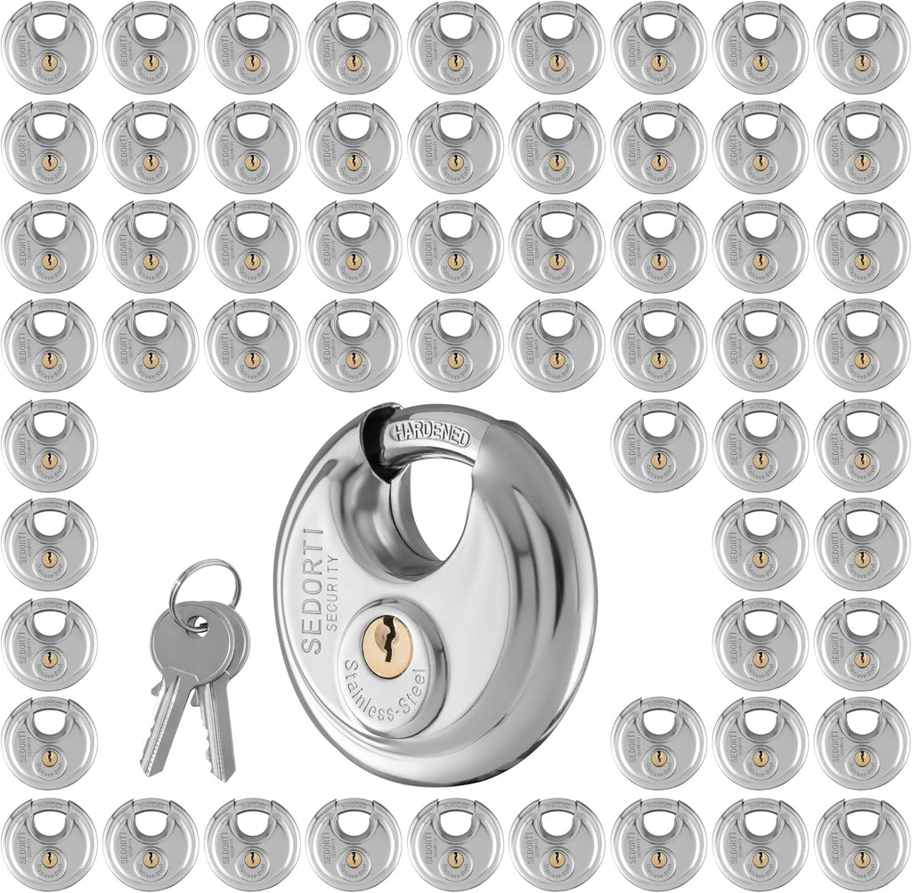 SEDORTI 60-Pack Disc Padlocks Keyed Alike, 2-3/4 inch Wide, Stainless Steel 304 Round Lock, Waterproof and Rustproof Storage Lock with Brass Keys, Ideal for Storage Unit Gate, Outdoor, Shed, Fence