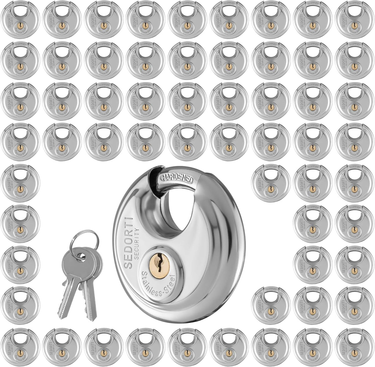 SEDORTI 60-Pack Disc Padlocks Keyed Alike, 2-3/4 inch Wide, Stainless Steel 304 Round Lock, Waterproof and Rustproof Storage Lock with Brass Keys, Ideal for Storage Unit Gate, Outdoor, Shed, Fence