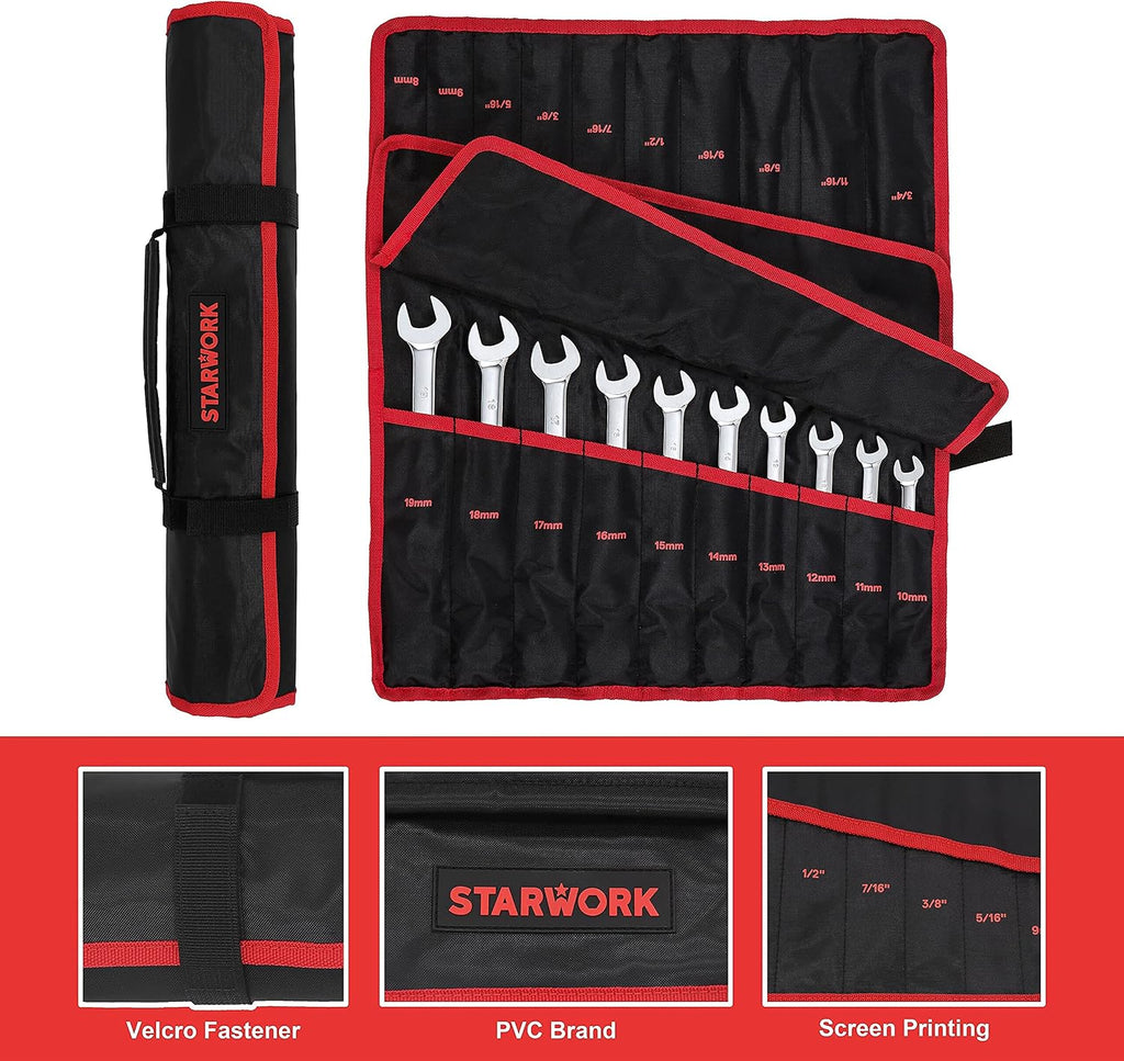 STARWORK TRUE MECHANIC™ 20 Pc. Reversible Ratcheting Wrench Set, Combination Ratchet Wrench Set, Non-Slip, Long Pattern, 6-Point 15° Offset, Professional, SAE/Metric (5/16-3/4' & 8-19 mm)