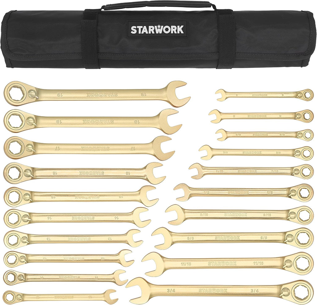 STARWORK 20 Pc. 6-Point SAE, Metric 15° Offset Vintage G-Plating Reversible Non-Slip Long Pattern Ratcheting Combination Wrench Set (5/16' -3/4' & 8-19 mm)