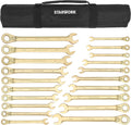 STARWORK 20 Pc. 6-Point SAE, Metric 15° Offset Vintage G-Plating Reversible Non-Slip Long Pattern Ratcheting Combination Wrench Set (5/16' -3/4' & 8-19 mm)