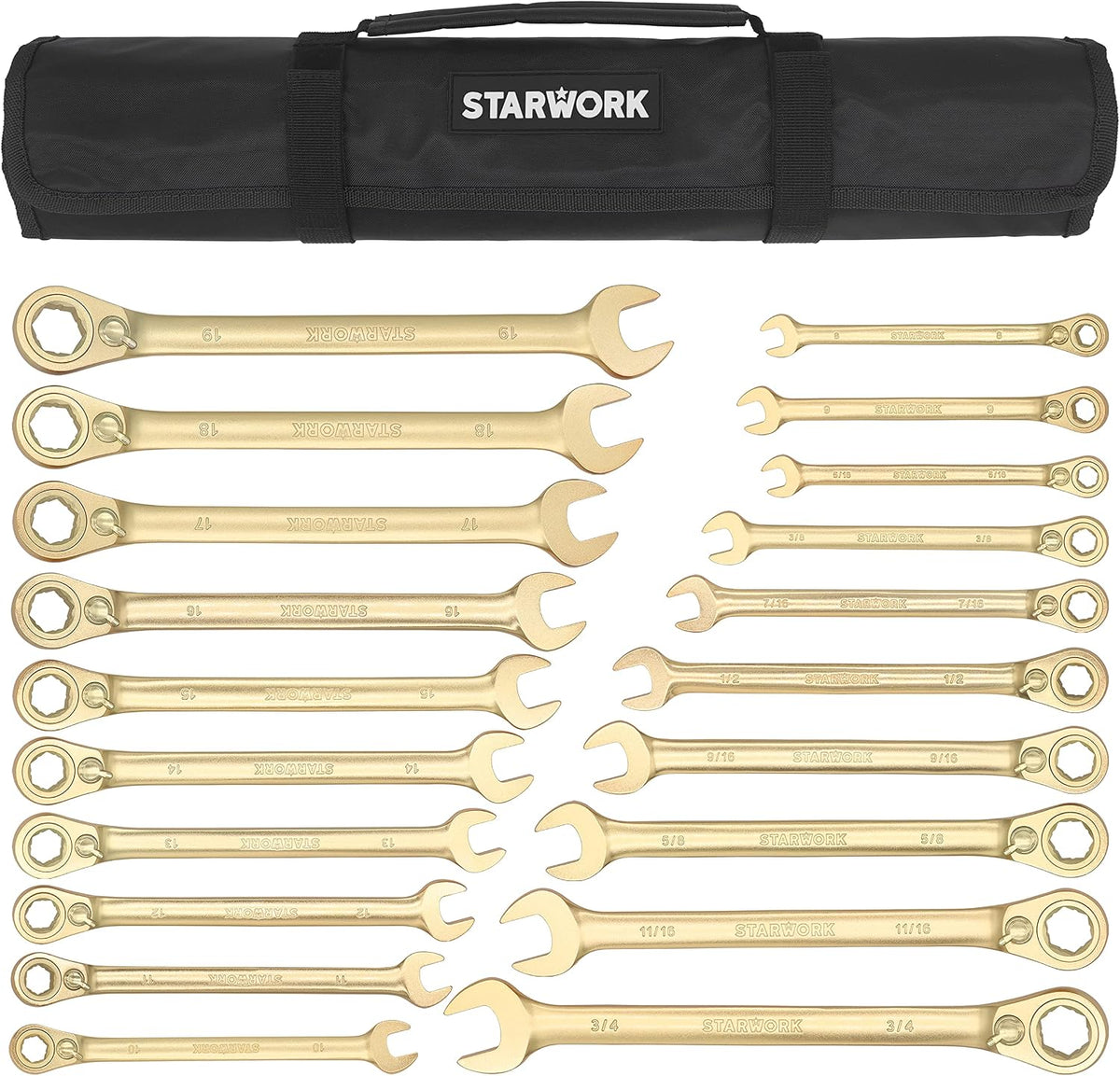STARWORK 20 Pc. 6-Point SAE, Metric 15° Offset Vintage G-Plating Reversible Non-Slip Long Pattern Ratcheting Combination Wrench Set (5/16' -3/4' & 8-19 mm)