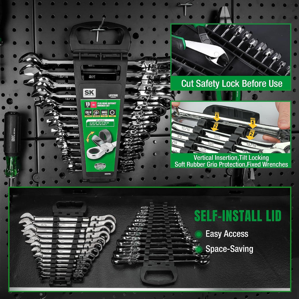 SK Flex-Head Ratcheting Wrench Set, Combination Wrench Set, 13-Piece, SAE 1/4' to 1', 72-Tooth, Premium CR-V Construction, with Rack Organizer