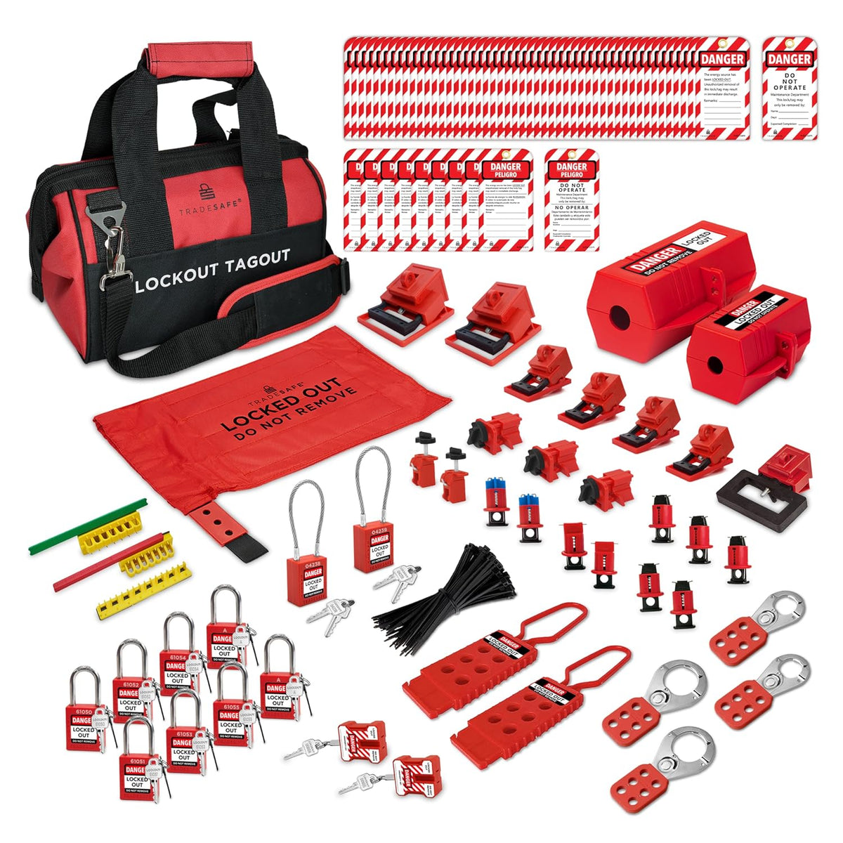 TRADESAFE Lockout Tagout Kit - 90 Loto Devices, Cable Lock, Loto Locks, Breaker Lockout Devices, Lock Out Tags, Plug Lock, Hasps, OSHA-Compliant Lock Out Tag Out Kits Electrical Tools