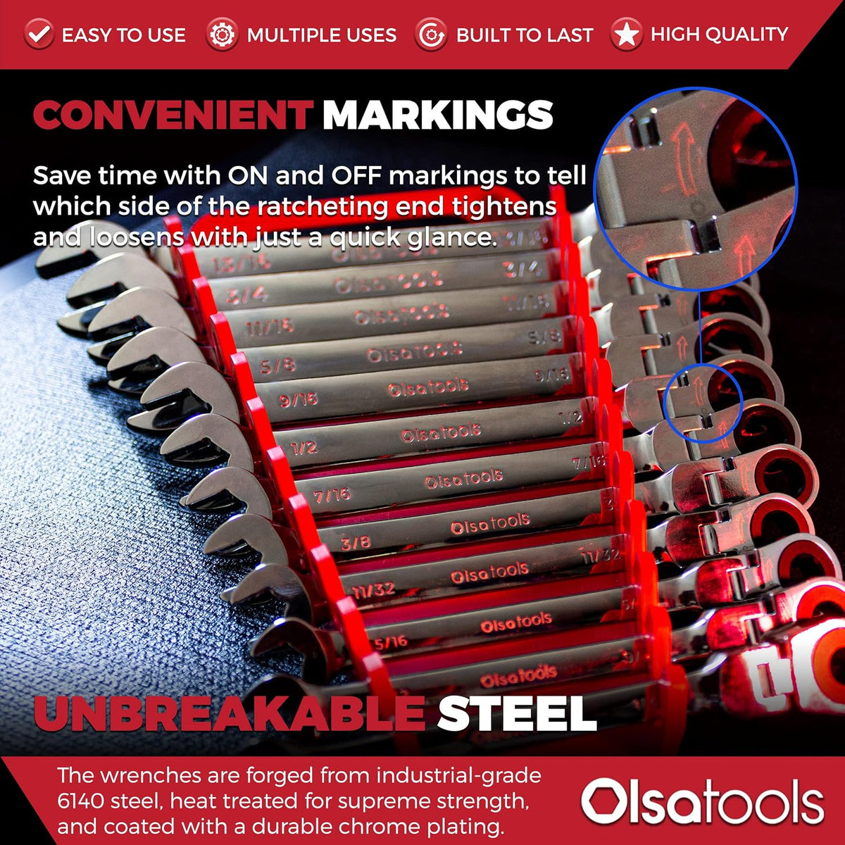Olsa Tools 12-Piece SAE Ratcheting Wrench Set, 120 Teeth, Chrome Vanadium Steel, Includes Wrench Organizer Tray